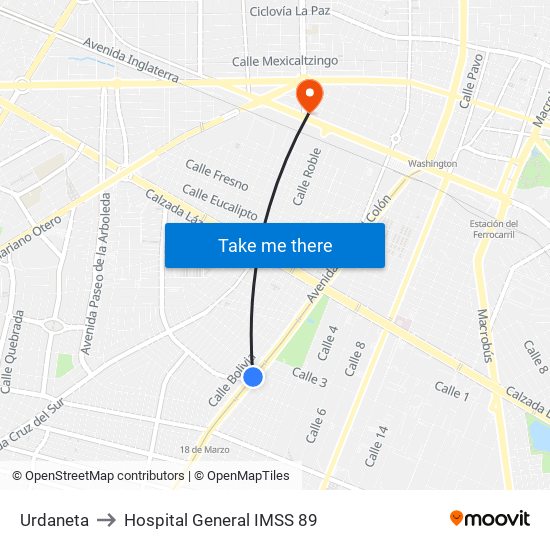 Urdaneta to Hospital General IMSS 89 map