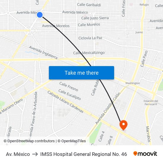 Av. México to IMSS Hospital General Regional No. 46 map