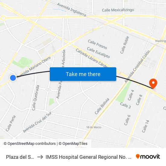 Plaza del Sol to IMSS Hospital General Regional No. 46 map