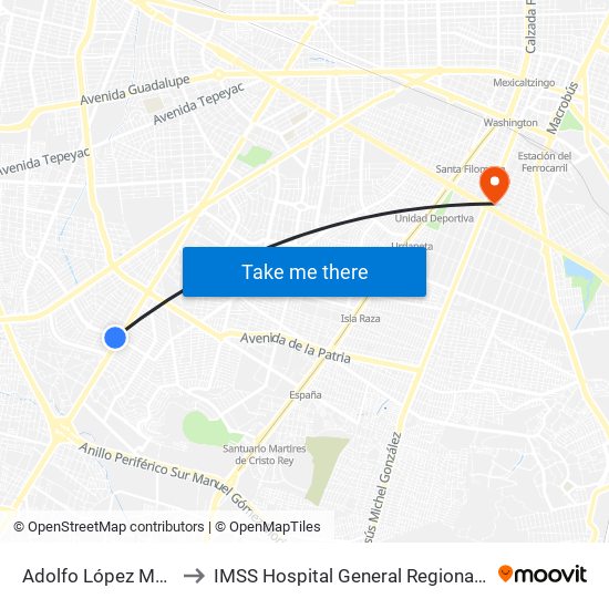 Adolfo López Mateos to IMSS Hospital General Regional No. 46 map