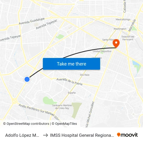 Adolfo López Mateos to IMSS Hospital General Regional No. 46 map