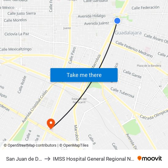 San Juan de Dios to IMSS Hospital General Regional No. 46 map