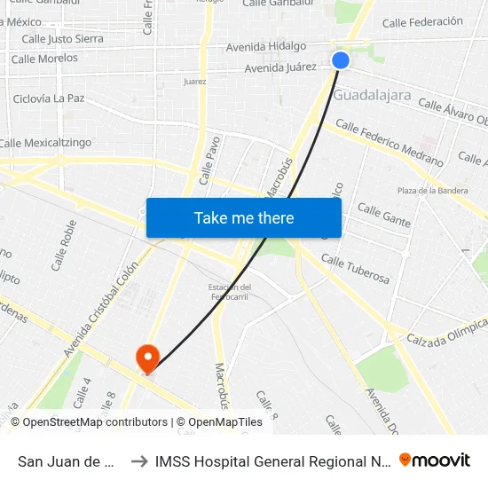 San Juan de Dios to IMSS Hospital General Regional No. 46 map