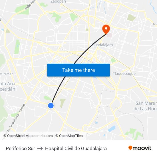 Periférico Sur to Hospital Civil de Guadalajara map