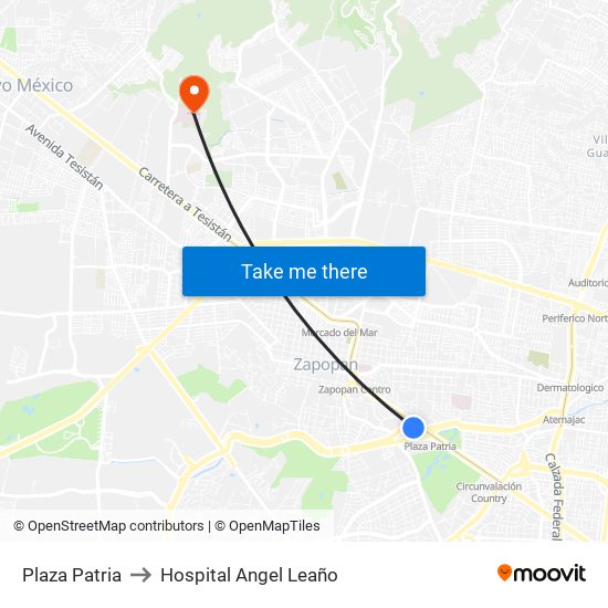 Plaza Patria to Hospital Angel Leaño map