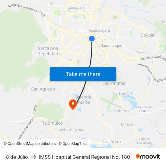 8 de Julio to IMSS Hospital General Regional No. 180 map