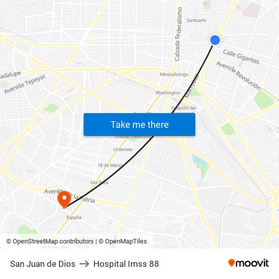 San Juan de Dios to Hospital Imss 88 map