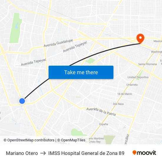 Mariano Otero to IMSS Hospital General de Zona 89 map