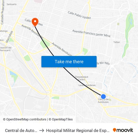 Central de Autobuses to Hospital Militar Regional de Especialidades map