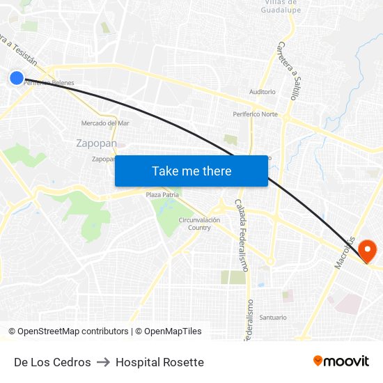 De Los Cedros to Hospital Rosette map
