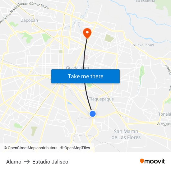Álamo to Estadio Jalisco map