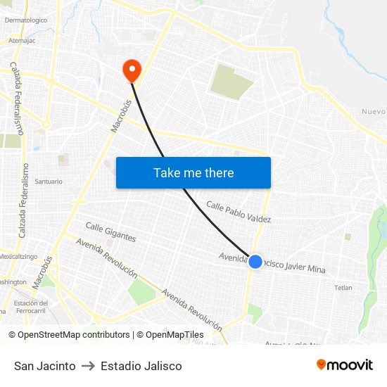 San Jacinto to Estadio Jalisco map