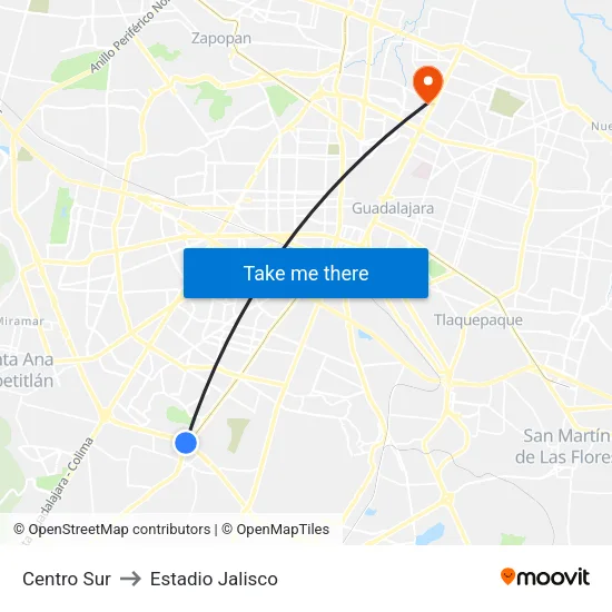 Centro Sur to Estadio Jalisco map