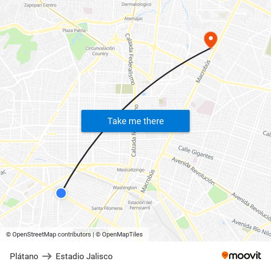 Plátano to Estadio Jalisco map