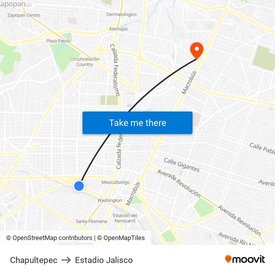 Chapultepec to Estadio Jalisco map
