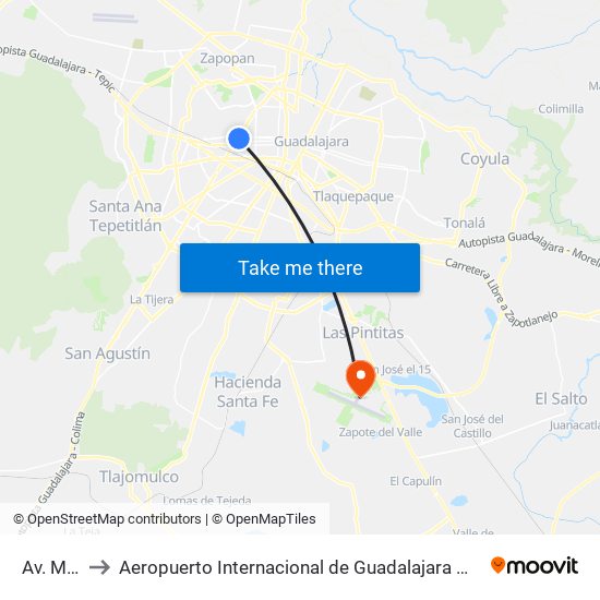 Av. México to Aeropuerto Internacional de Guadalajara Miguel Hidalgo y Costilla map