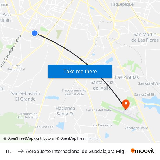 ITESO to Aeropuerto Internacional de Guadalajara Miguel Hidalgo y Costilla map