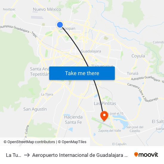 La Tuzanía to Aeropuerto Internacional de Guadalajara Miguel Hidalgo y Costilla map