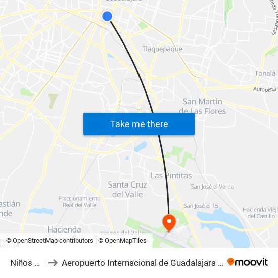 Niños Héroes to Aeropuerto Internacional de Guadalajara Miguel Hidalgo y Costilla map