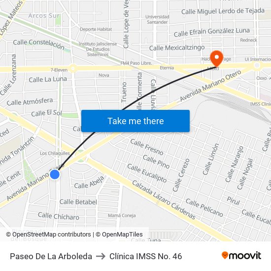 Paseo De La Arboleda to Clínica IMSS No. 46 map