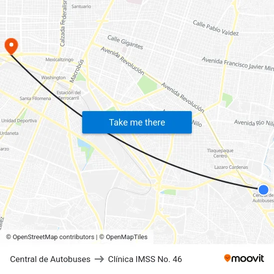 Central de Autobuses to Clínica IMSS No. 46 map