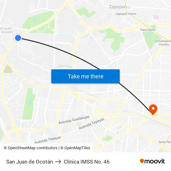 San Juan de Ocotán to Clínica IMSS No. 46 map