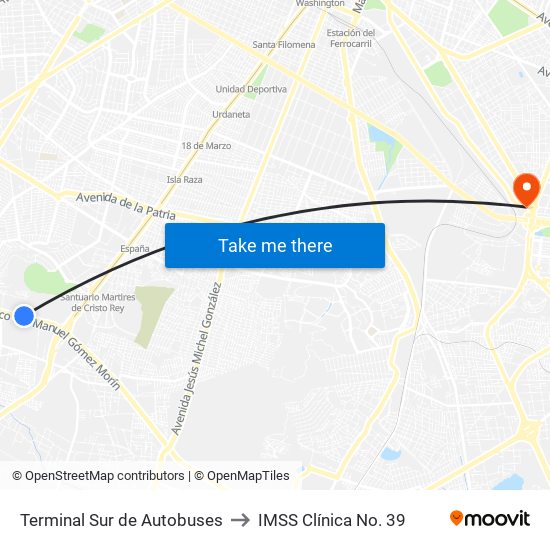 Terminal Sur de Autobuses to IMSS Clínica No. 39 map