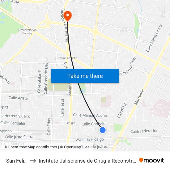 San Felipe to Instituto Jalisciense de Cirugía Reconstructiva map