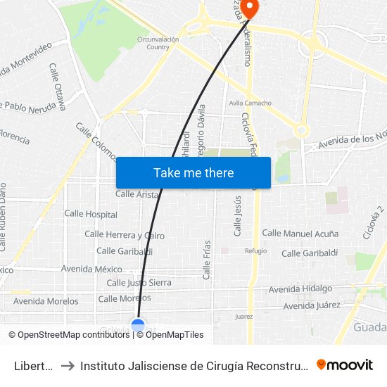 Libertad to Instituto Jalisciense de Cirugía Reconstructiva map