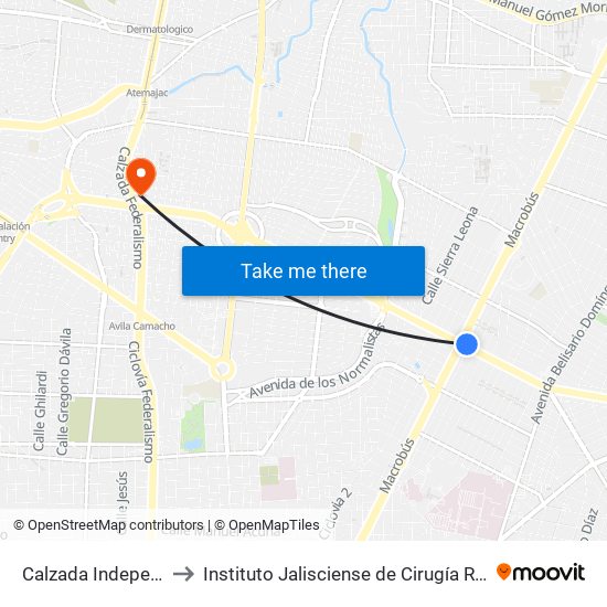 Calzada Independencia to Instituto Jalisciense de Cirugía Reconstructiva map