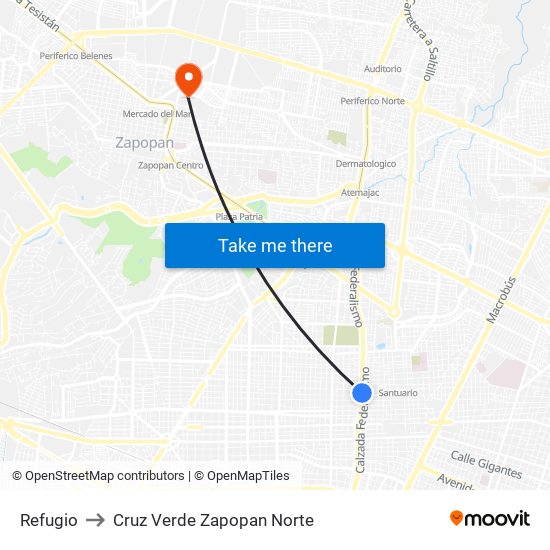 Refugio to Cruz Verde Zapopan Norte map