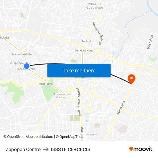 Zapopan Centro to ISSSTE CE+CECIS map