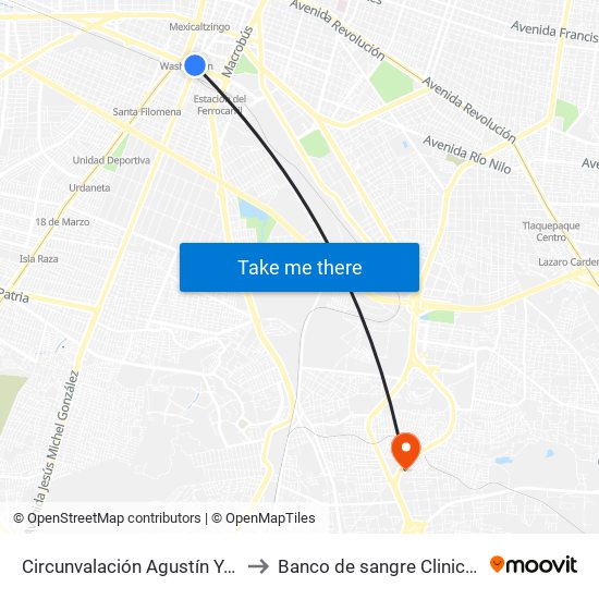Circunvalación Agustín Yáñez to Banco de sangre Clinica 46 map