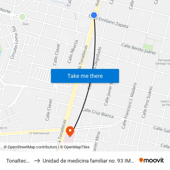 Tonaltecas to Unidad de medicina familiar no. 93 IMSS map