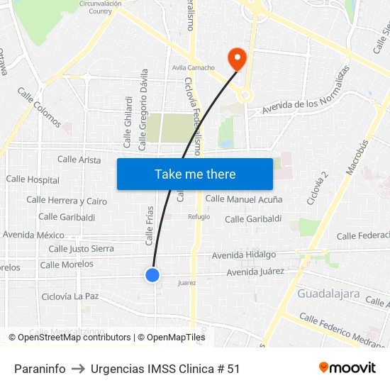 Paraninfo to Urgencias IMSS Clinica # 51 map