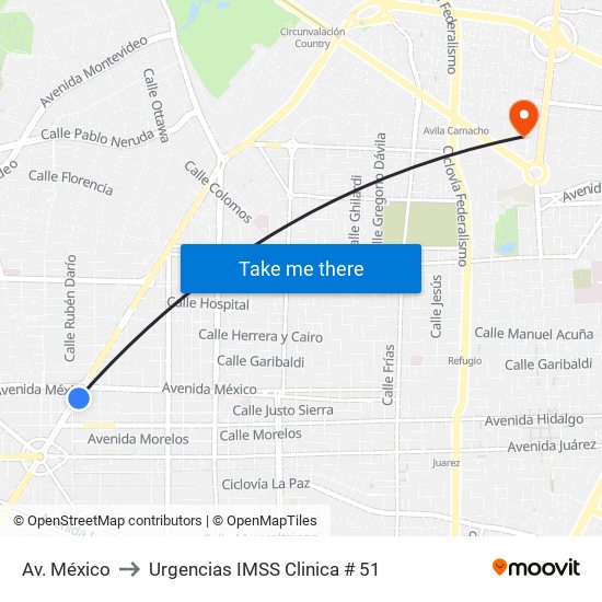 Av. México to Urgencias IMSS Clinica # 51 map