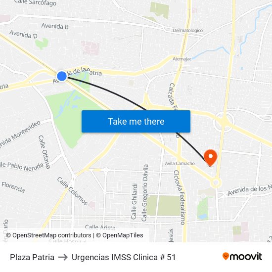 Plaza Patria to Urgencias IMSS Clinica # 51 map