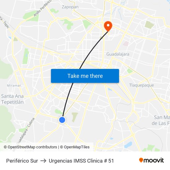 Periférico Sur to Urgencias IMSS Clinica # 51 map