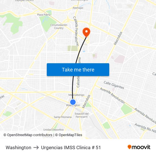 Washington to Urgencias IMSS Clinica # 51 map