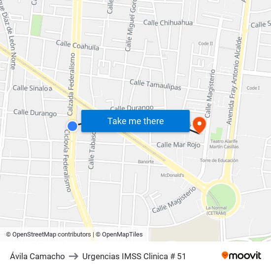 Ávila Camacho to Urgencias IMSS Clinica # 51 map