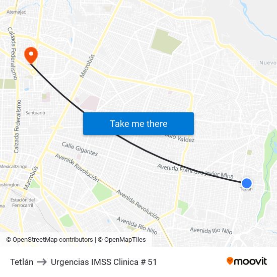 Tetlán to Urgencias IMSS Clinica # 51 map