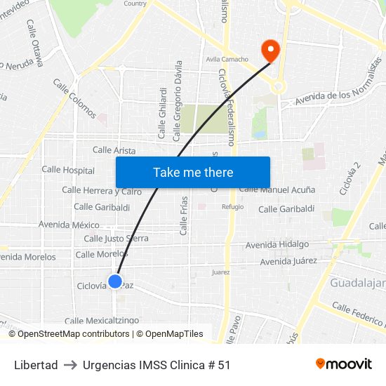 Libertad to Urgencias IMSS Clinica # 51 map