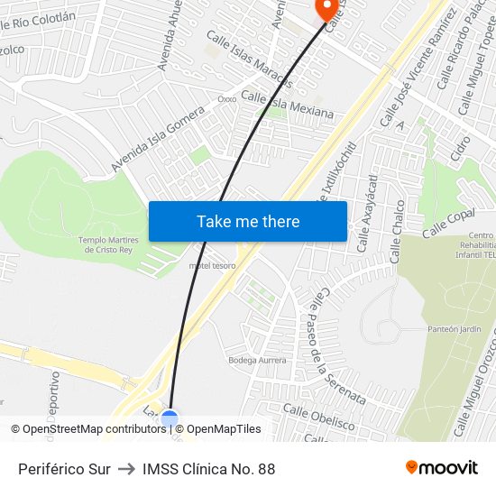 Periférico Sur to IMSS Clínica No. 88 map