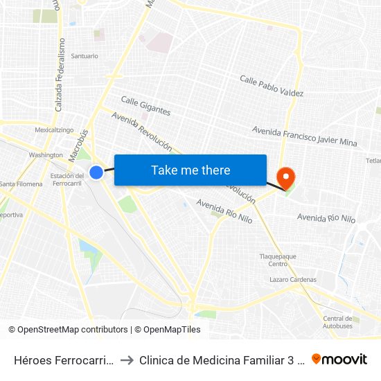 Héroes Ferrocarrileros to Clinica de Medicina Familiar 3 ISSSTE map