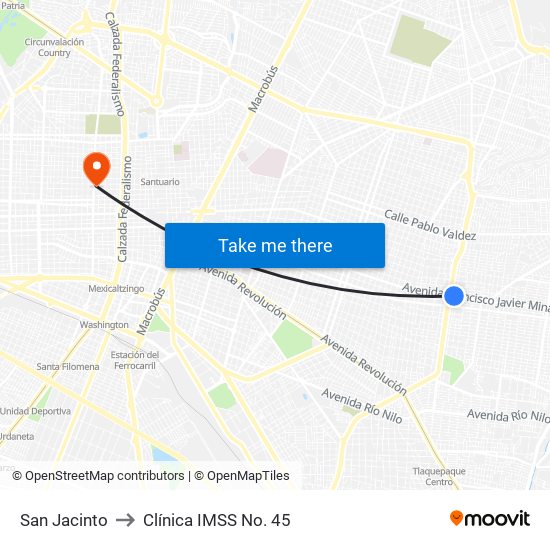 San Jacinto to Clínica IMSS No. 45 map