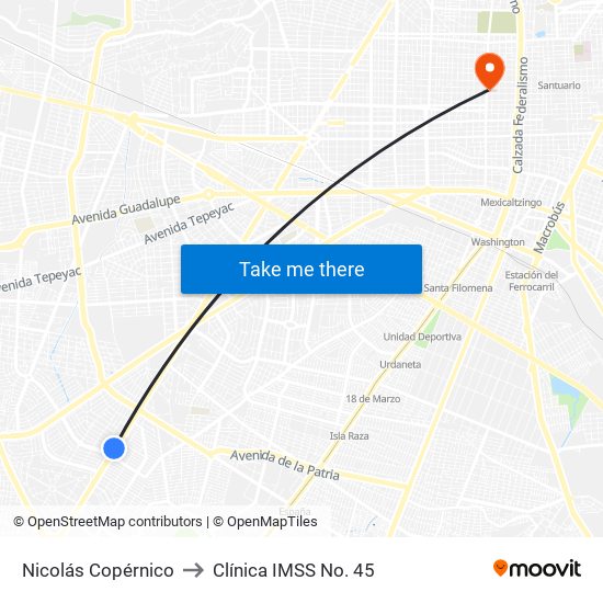 Nicolás Copérnico to Clínica IMSS No. 45 map
