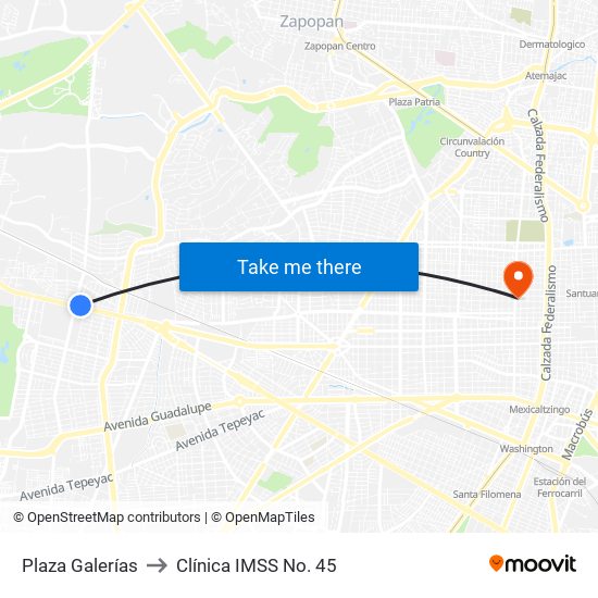 Plaza Galerías to Clínica IMSS No. 45 map
