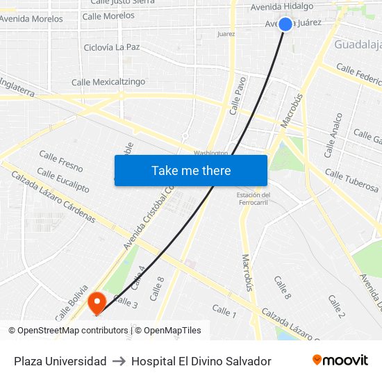 Plaza Universidad to Hospital El Divino Salvador map