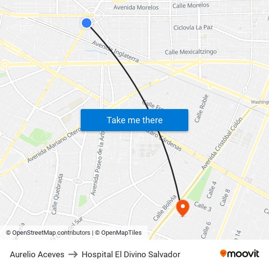 Aurelio Aceves to Hospital El Divino Salvador map