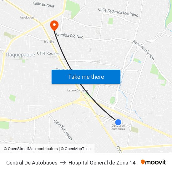 Central De Autobuses to Hospital General de Zona 14 map